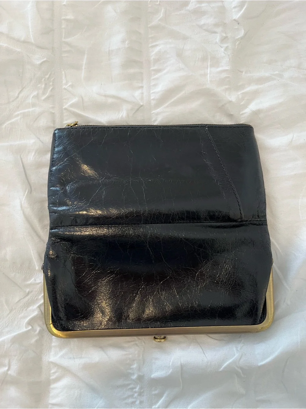 HOBO Black Leather Kiss-Lock Clutch Wallet with Gold-Tone Frame